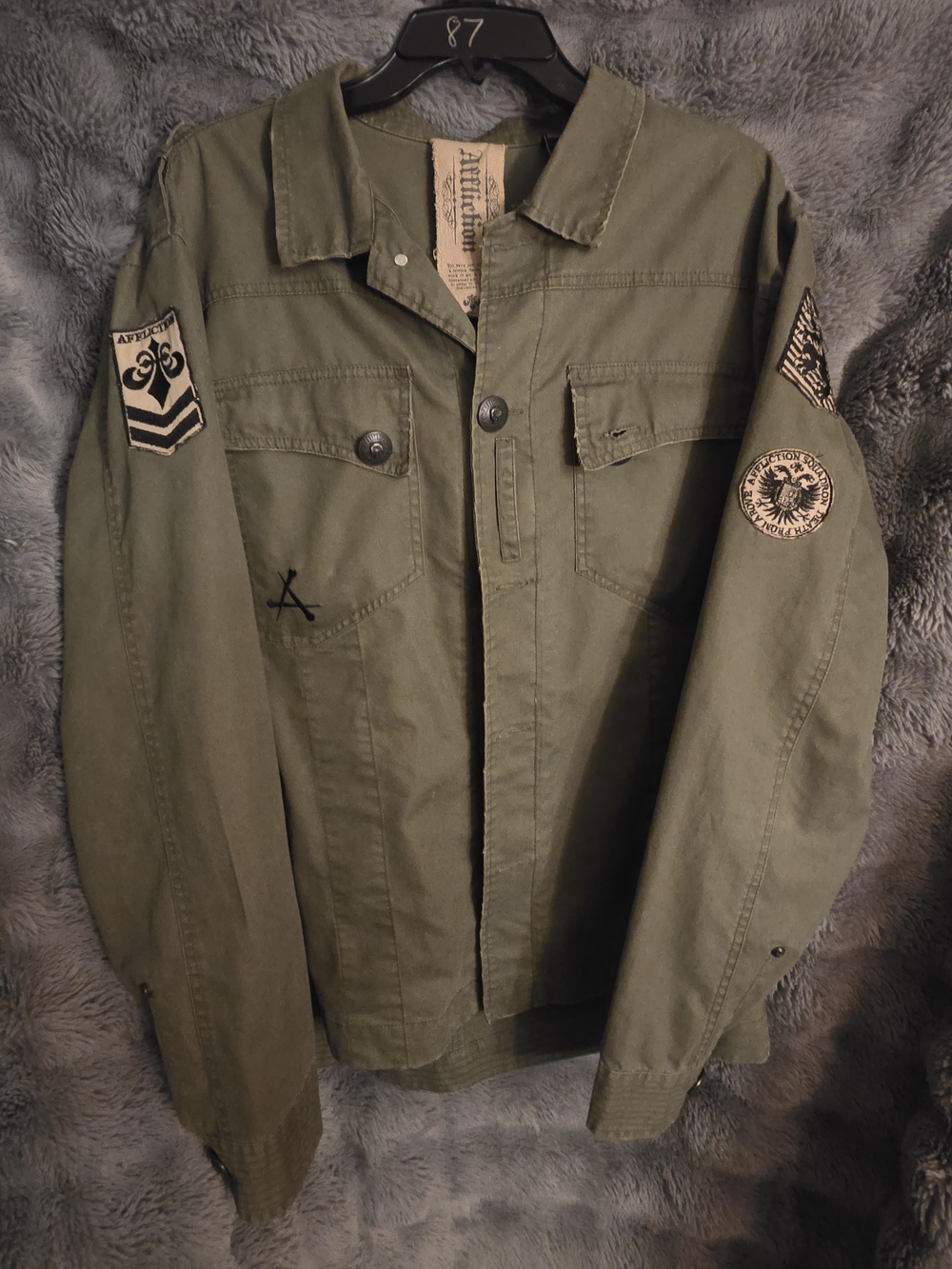 Affliction Military Jacket XXL Olive Distressed Skull Patch Field Coat Biker Y2K